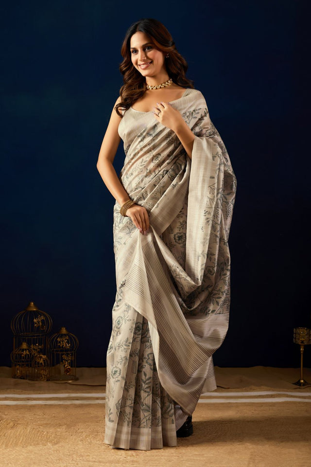 Cream Floral Printed Silk Ready to Wear Saree (ACA9480)