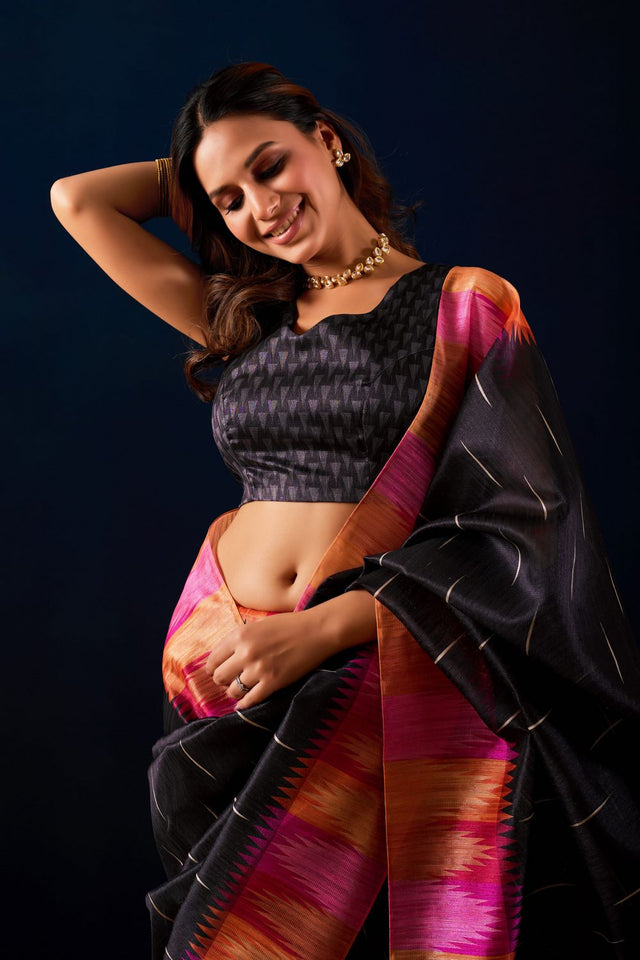 Black Printed Silk Ready to Wear Saree (ACA9483)