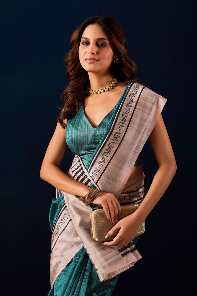 Sea Green Printed Silk Ready to Wear Saree (ACA9487)