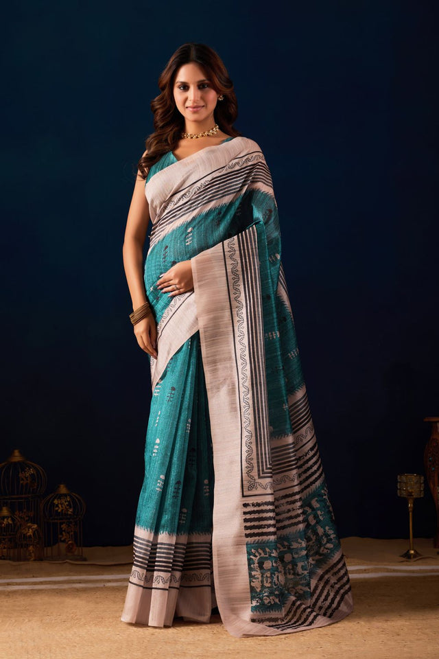 Sea Green Printed Silk Ready to Wear Saree (ACA9487)