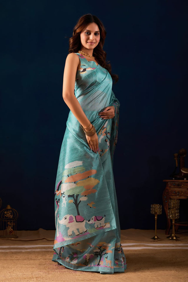 Blue Printed Silk Ready to Wear Saree (ACA9490)
