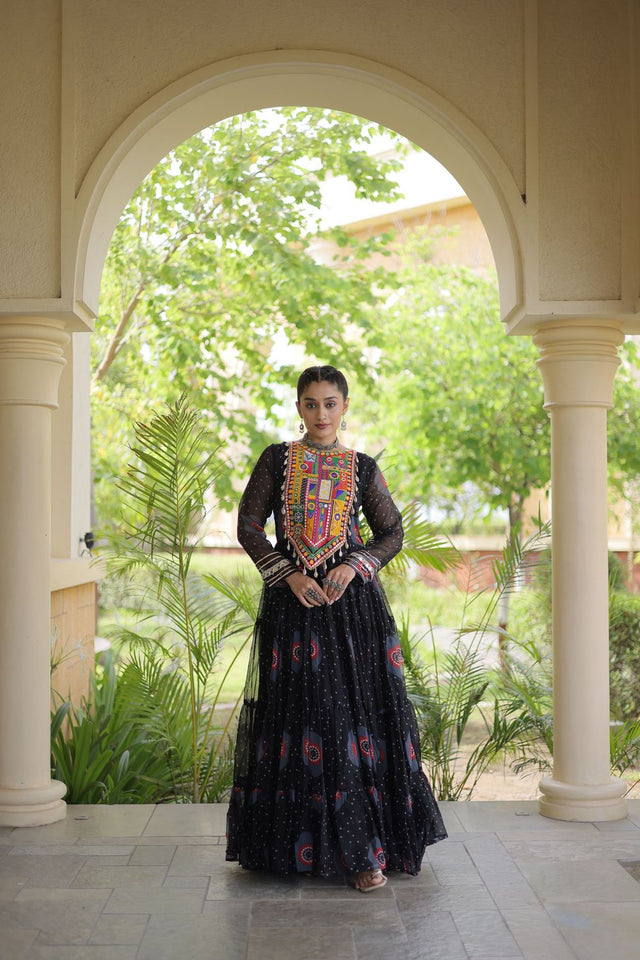 Black Embroidered with Bandhani Printed Gown (ACA9495)