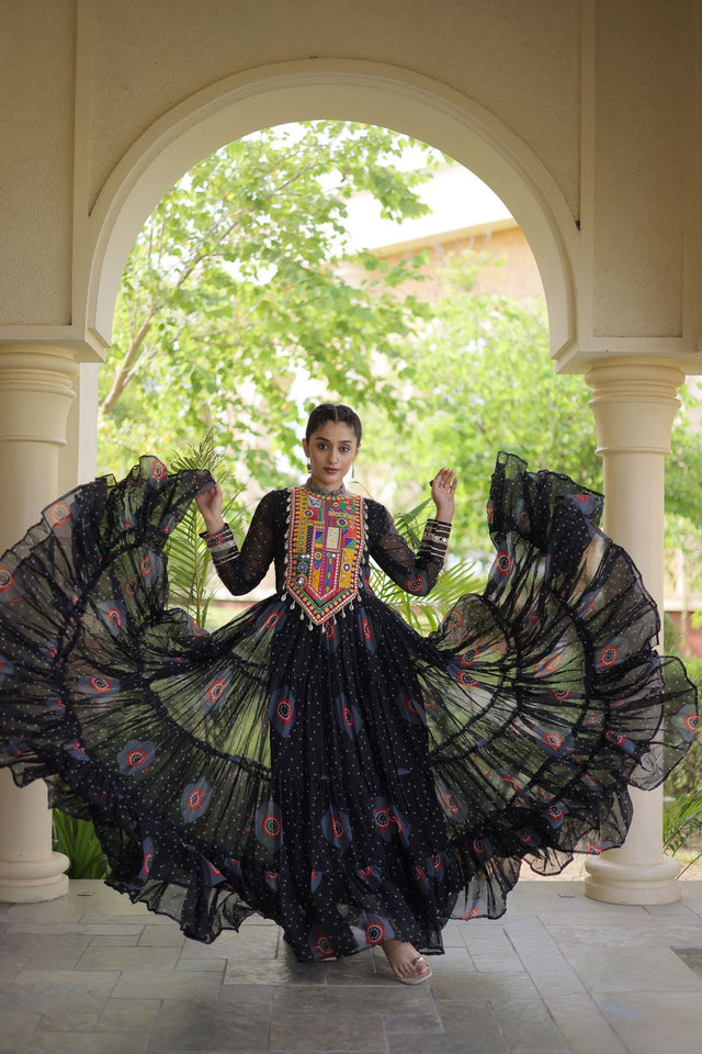 Black Embroidered with Bandhani Printed Gown (ACA9495)