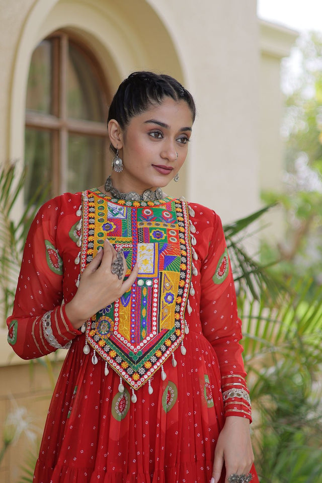 Red Embroidered with Bandhani Printed Gown (ACA9497)