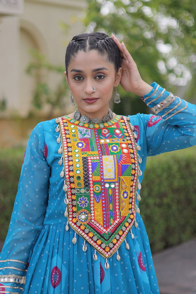 Blue Embroidered with Bandhani Printed Gown (ACA9498)