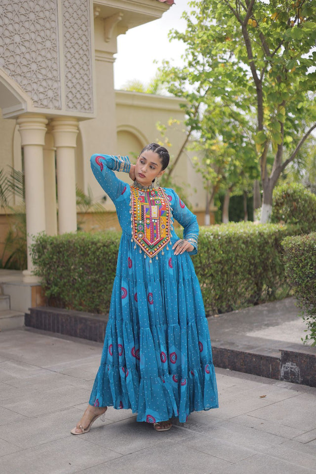 Blue Embroidered with Bandhani Printed Gown (ACA9498)