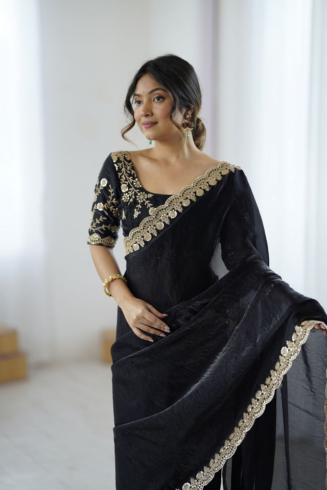 Black Sequin Satin Saree (ACA9505)