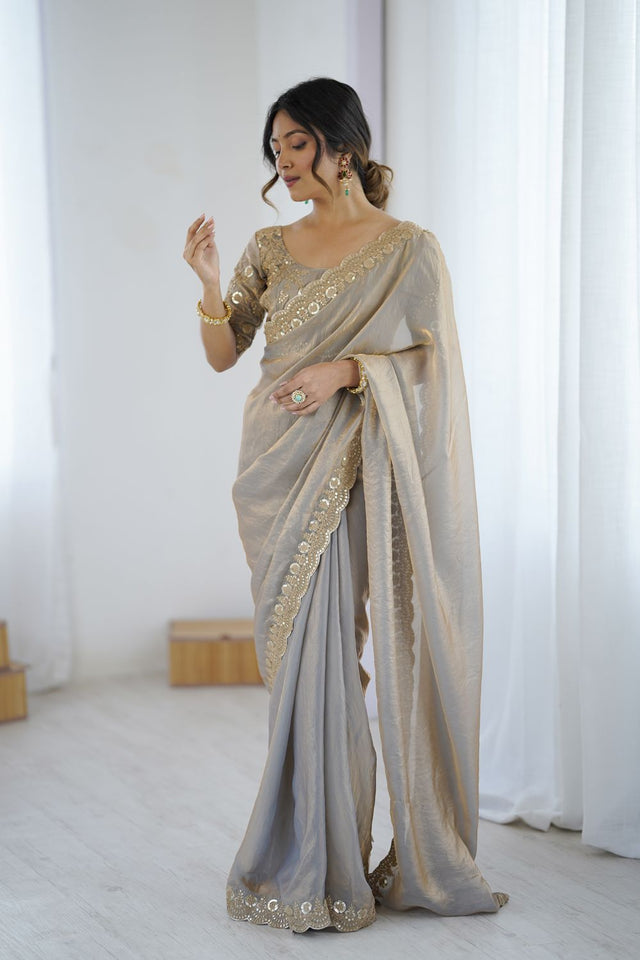 Grey Sequin Satin Saree (ACA9506)