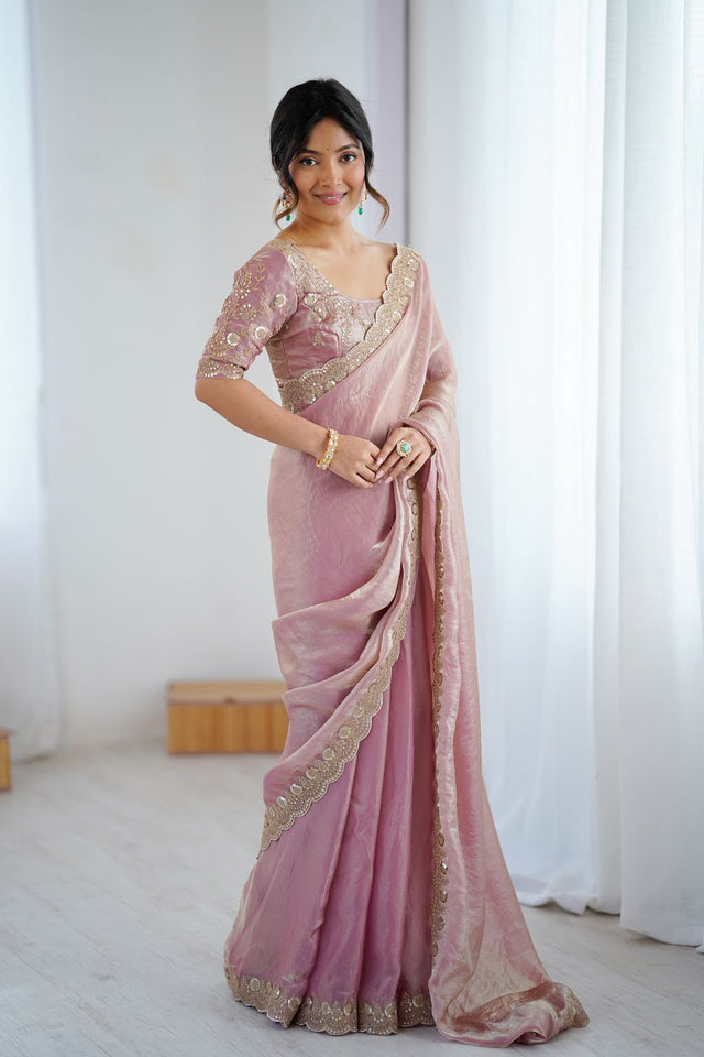 Pink Sequin Satin Saree (ACA9508)