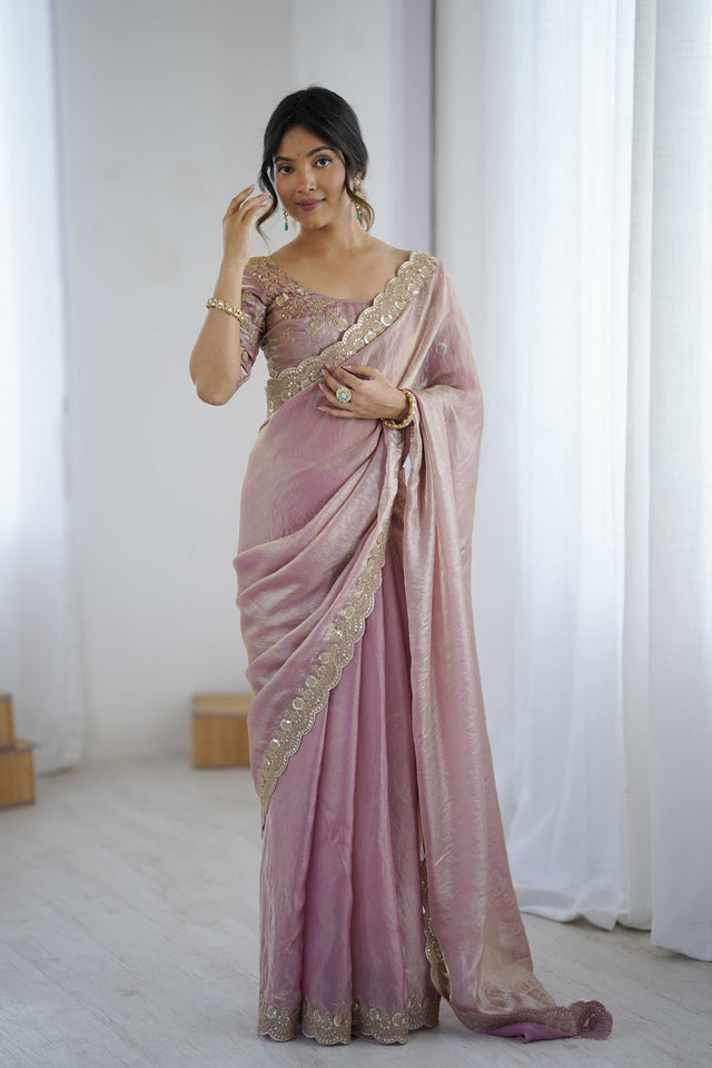 Pink Sequin Satin Saree (ACA9508)