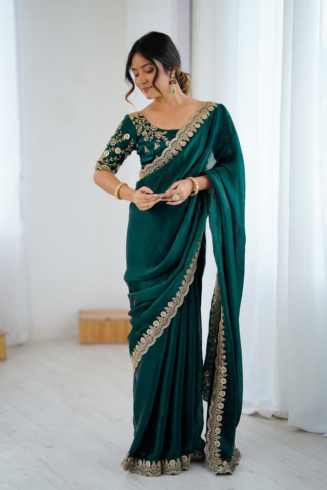 Green Sequin Satin Saree (ACA9509)