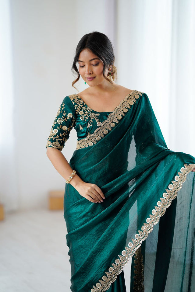 Green Sequin Satin Saree (ACA9509)