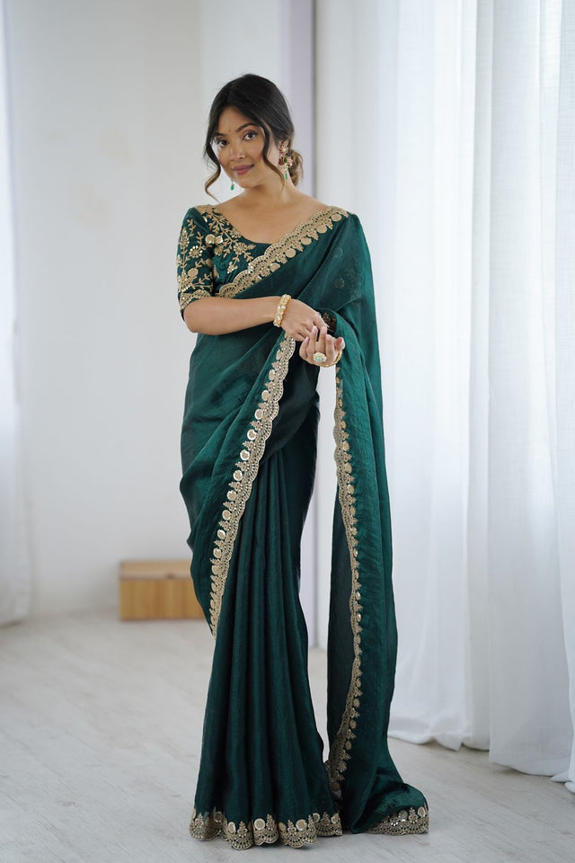 Green Sequin Satin Saree (ACA9509)