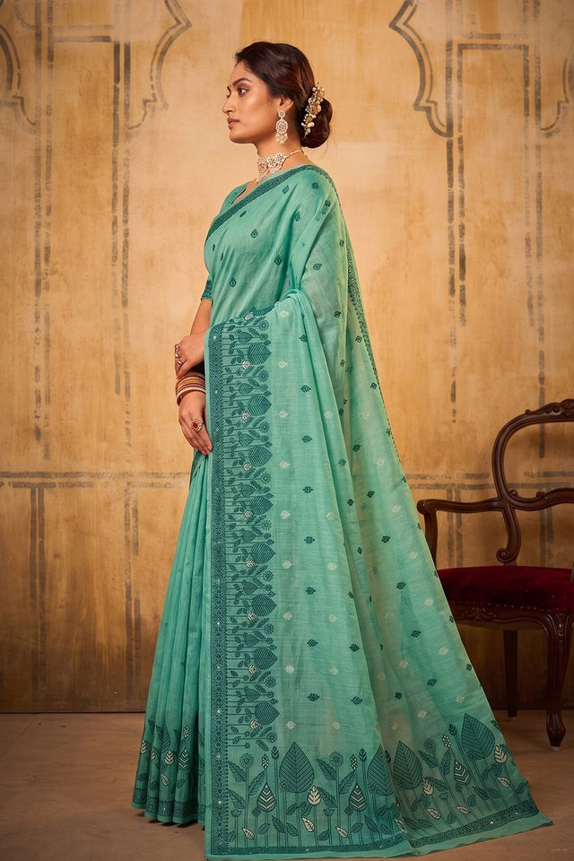 Sea Green Woven Cotton Saree (ACA9527)