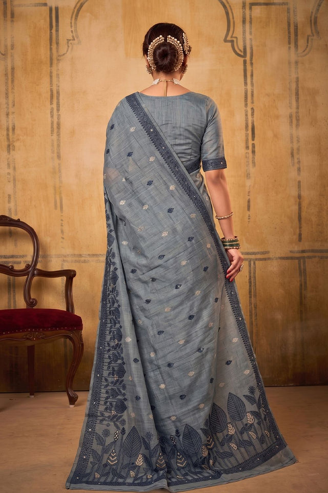 Dark Grey Woven Cotton Saree (ACA9531)