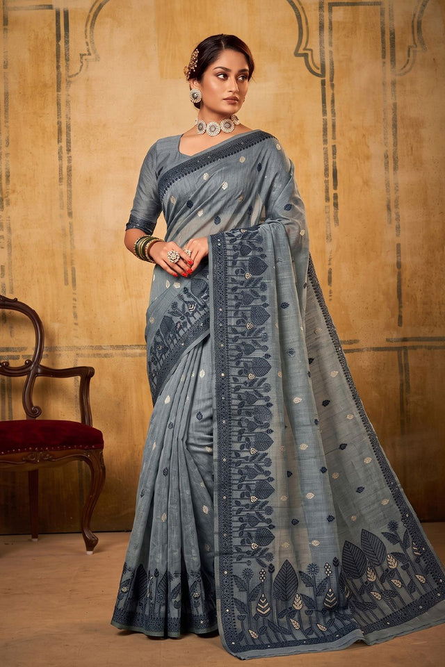 Dark Grey Woven Cotton Saree (ACA9531)