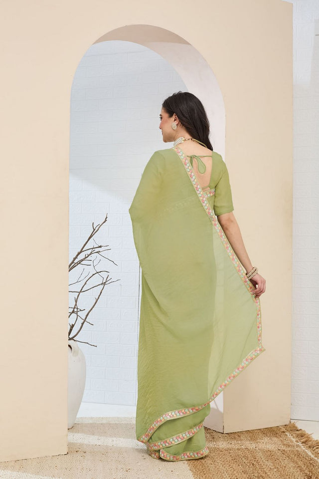 Green Solid with Lace Work Silk Blend Ready to Wear Saree (ACA9532)