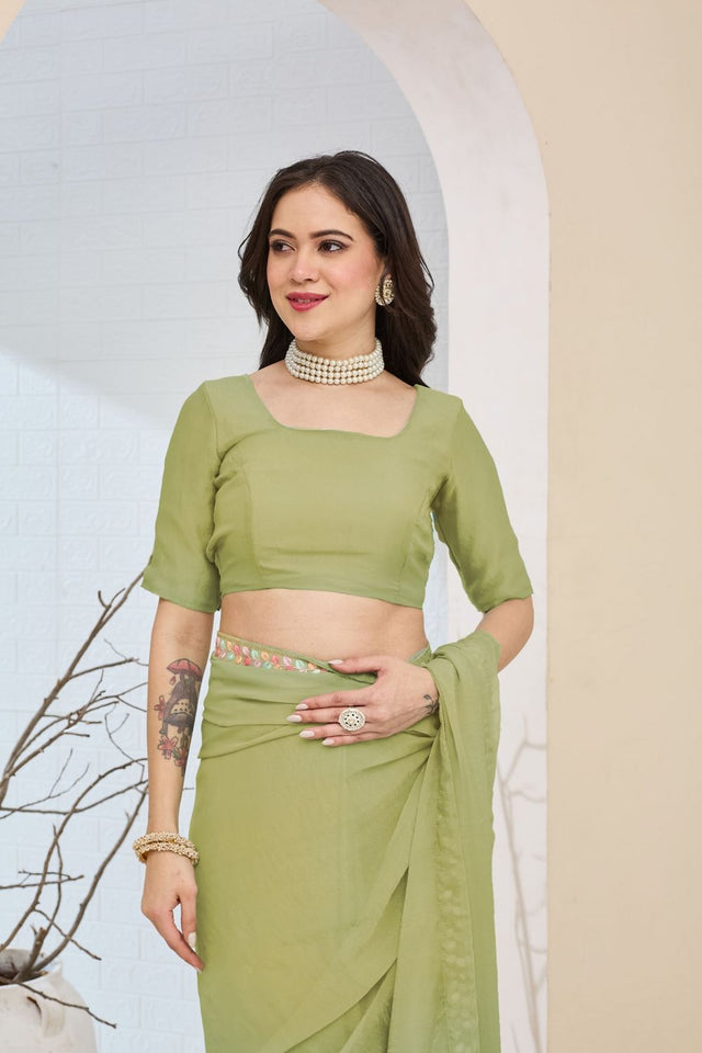 Green Solid with Lace Work Silk Blend Ready to Wear Saree (ACA9532)