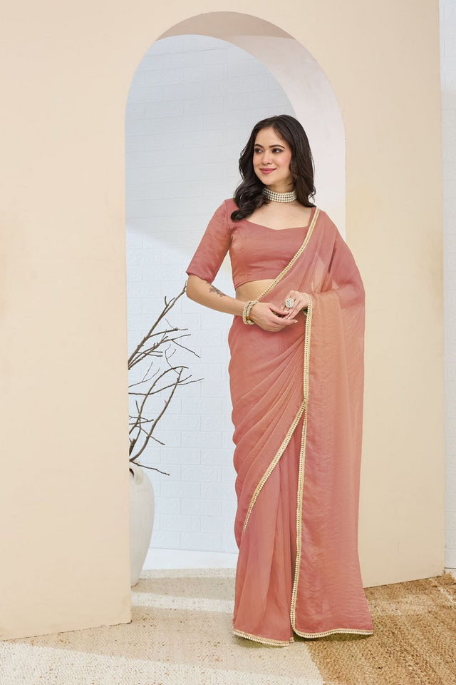 Peach Solid with Lace Work Silk Blend Ready to Wear Saree (ACA9536)