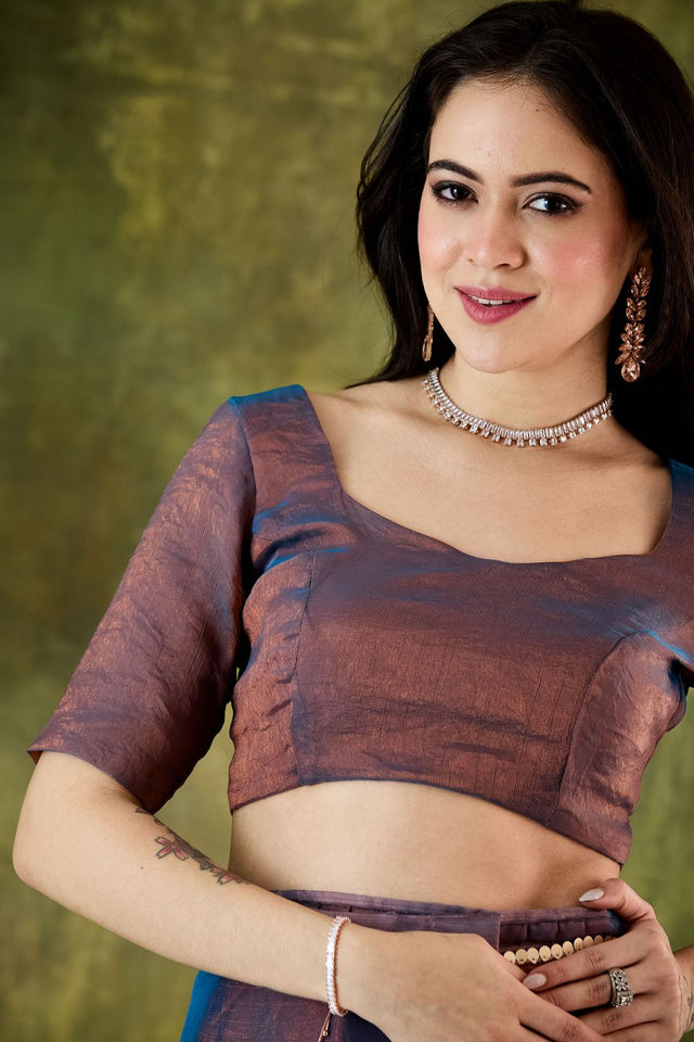 Blue Solid with Lace Work Silk Blend Ready to Wear Saree (ACA9537)