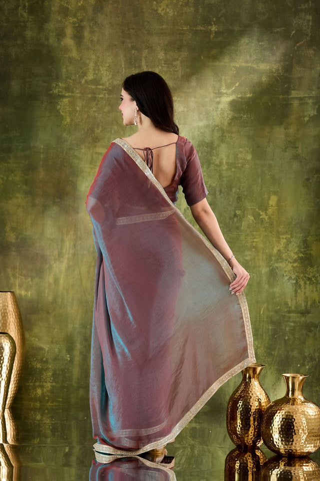 Red Solid with Lace Work Silk Blend Ready to Wear Saree (ACA9539)