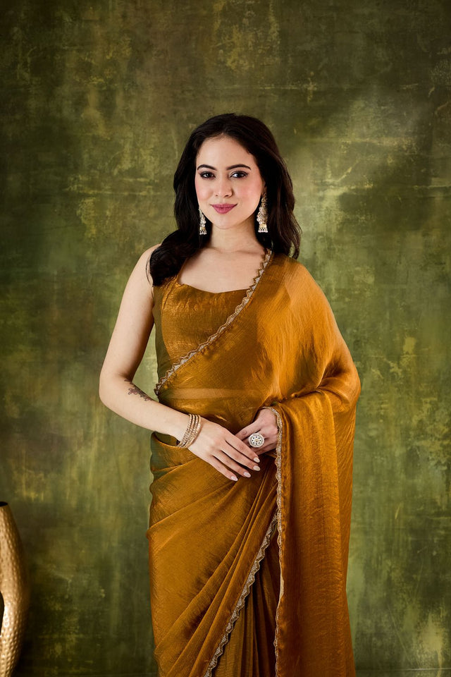 Gold Solid with Lace Work Silk Blend Ready to Wear Saree (ACA9540)