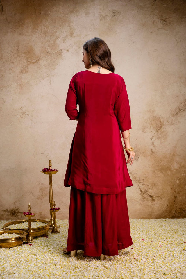 Maroon Floral Embroidered Chanderi Palazzo Suit (ACA9543)