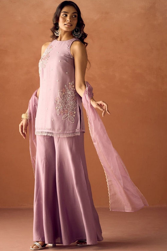 Pink Beads Embossed Organza Sharara Suit (ACA9544)