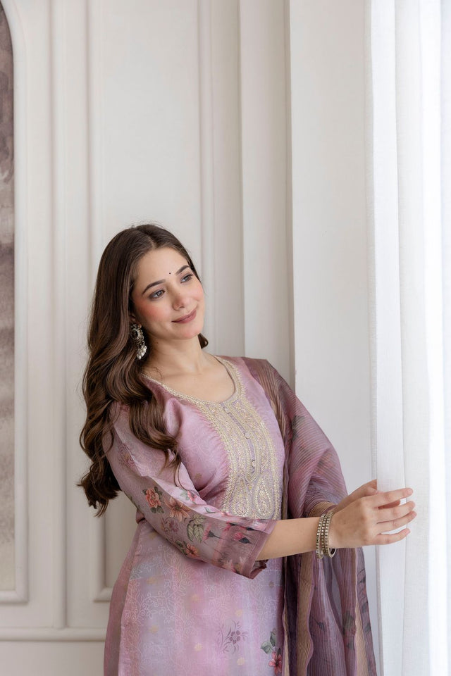 Pink Embroidered Viscose Kurti Pant Set (ACA9545)