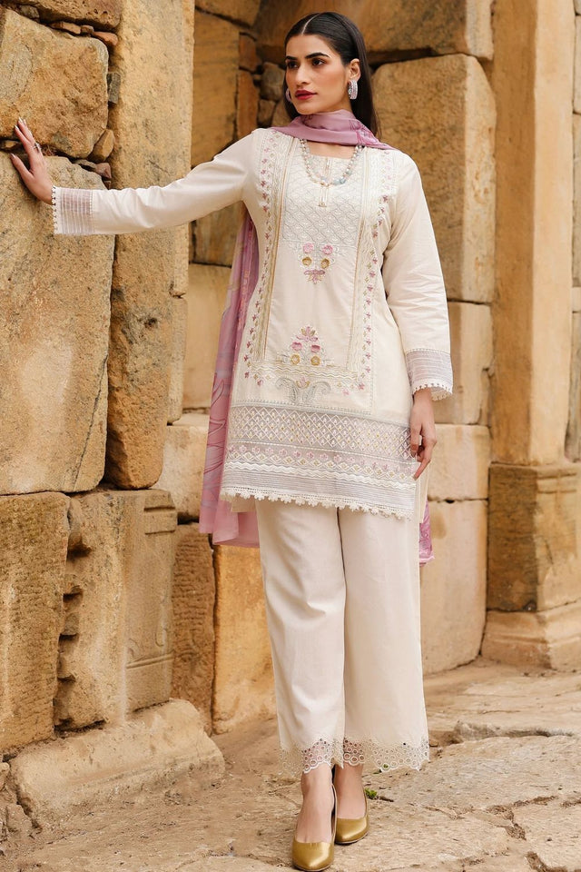 Cream Floral Embroidered Cotton Straight Cut Suit (ACA9547)