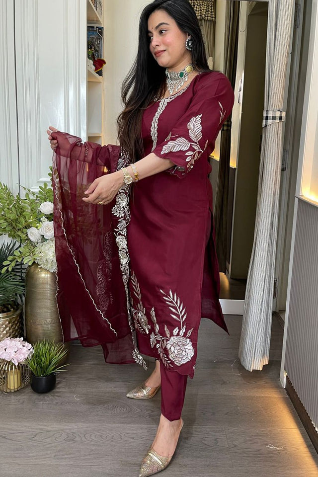 Maroon Floral Embroidered Chanderi Straight Cut Suit (ACA9548)