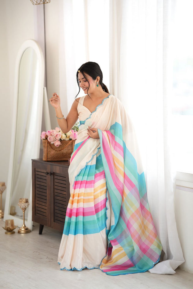 Off White Floral Printed with Mirror Border Chinon Saree (ACA9555)