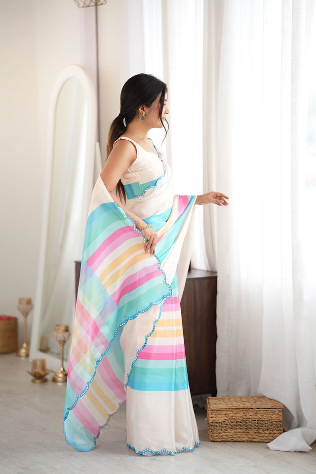 Off White Floral Printed with Mirror Border Chinon Saree (ACA9555)