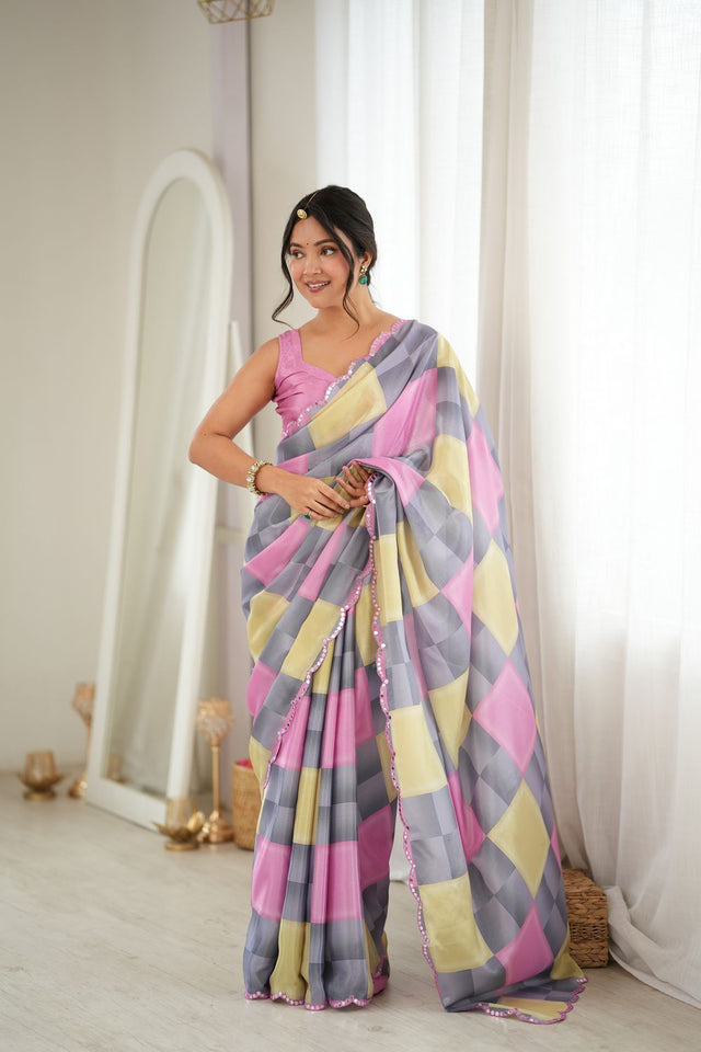 Grey Geometric Printed with Mirror Border Chinon Saree (ACA9556)