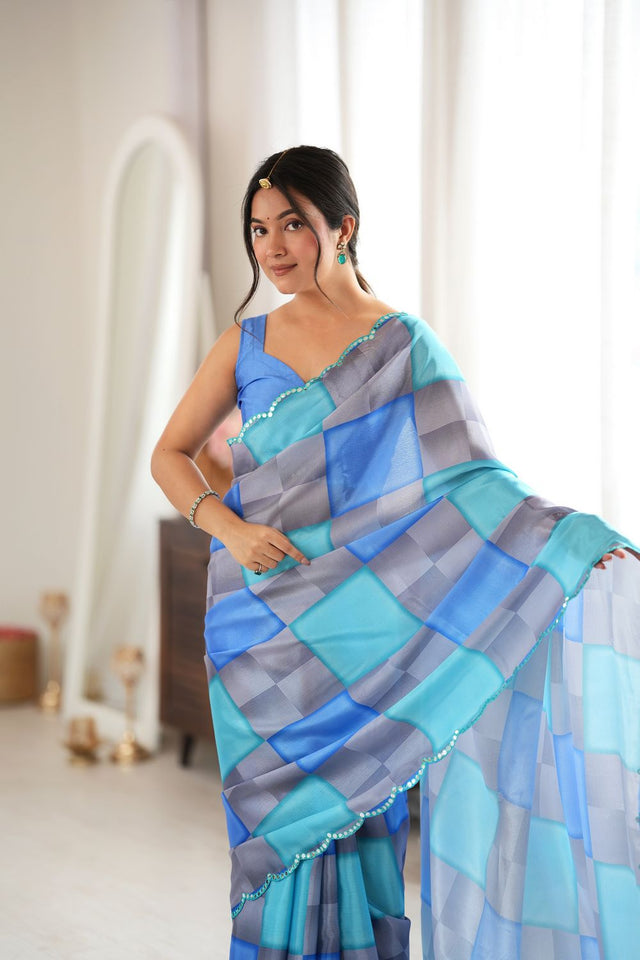 Blue Geometric Printed with Mirror Border Chinon Saree (ACA9558)