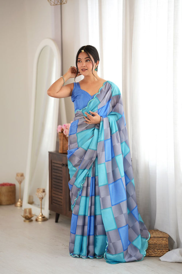 Blue Geometric Printed with Mirror Border Chinon Saree (ACA9558)