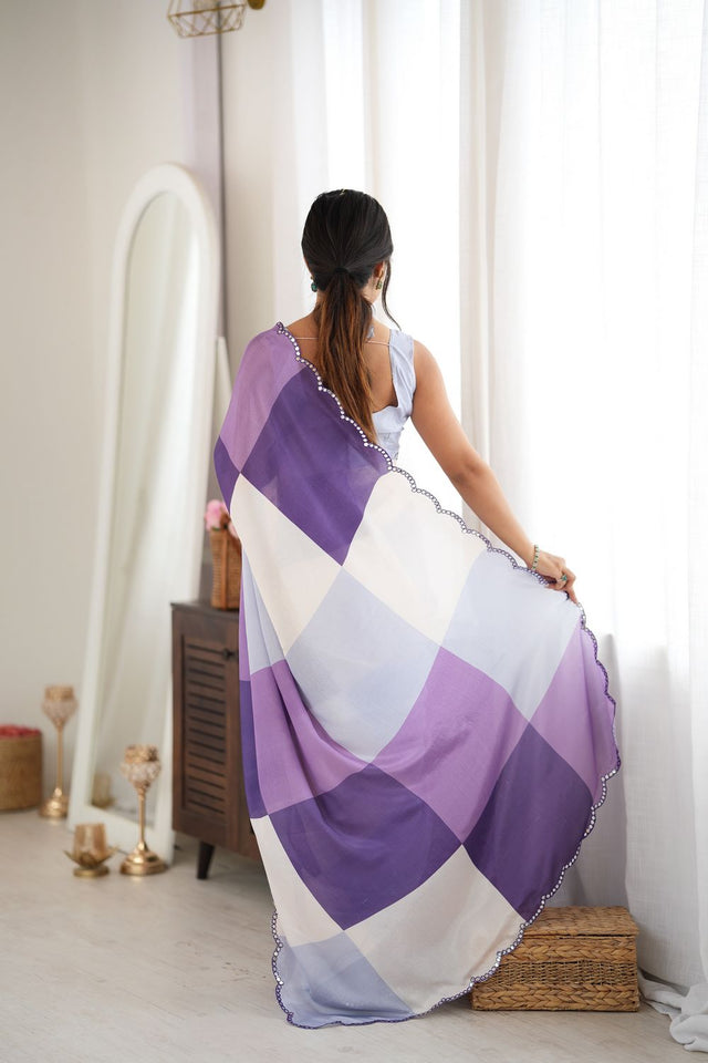 Purple Geometric Printed with Mirror Border Chinon Saree (ACA9560)