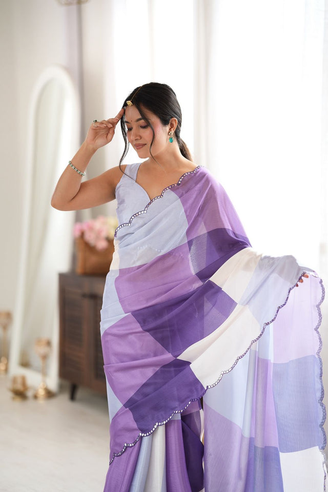 Purple Geometric Printed with Mirror Border Chinon Saree (ACA9560)