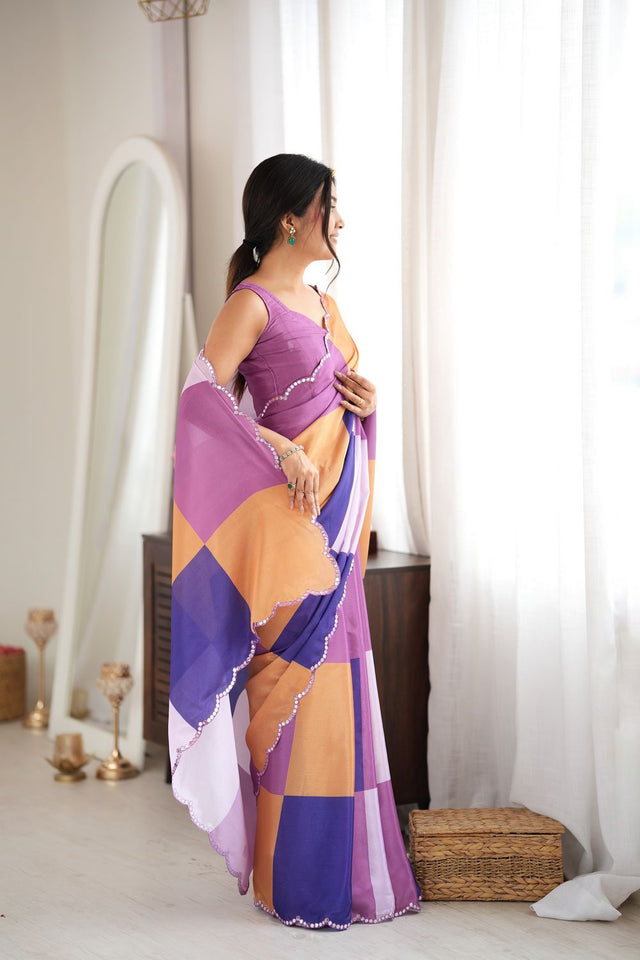Multi Color Geometric Printed with Mirror Border Chinon Saree (ACA9561)