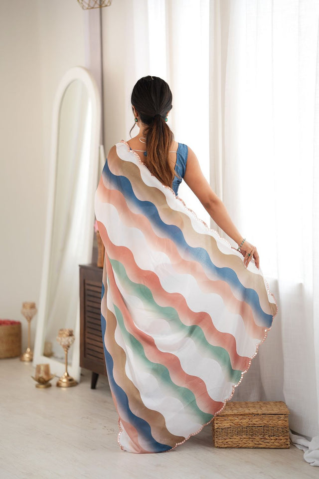 Multi Color Printed with Mirror Border Chinon Saree (ACA9565)