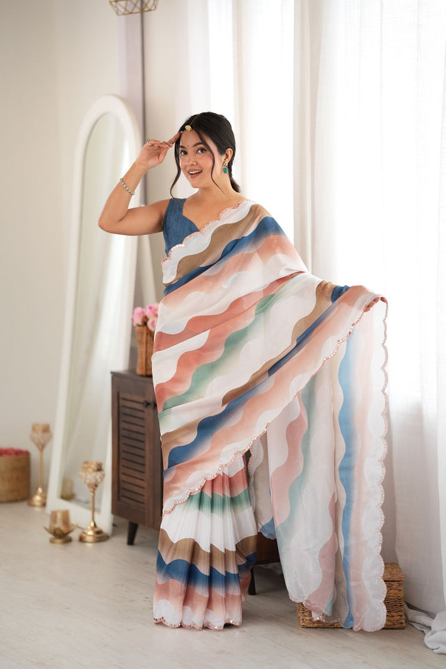 Multi Color Printed with Mirror Border Chinon Saree (ACA9565)
