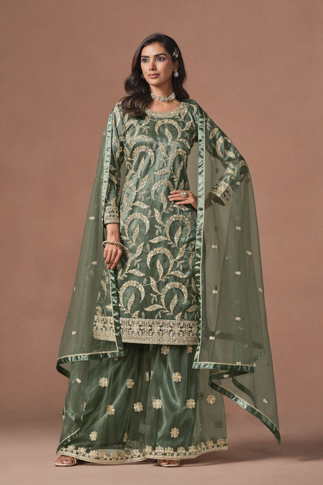 Green Embroidered Net Lehenga (ACA9567)