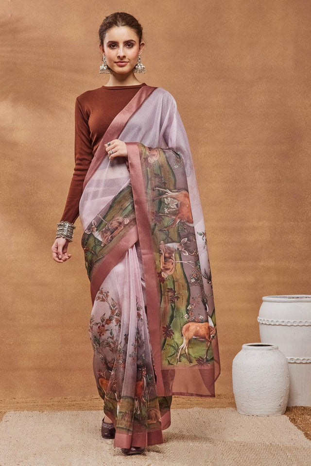 Peach Animal Printed Silk Blend Ready to Wear Saree (ACA9576)