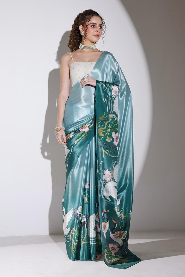 Green Printed Silk Blend Ready to Wear Saree (ACA9581)