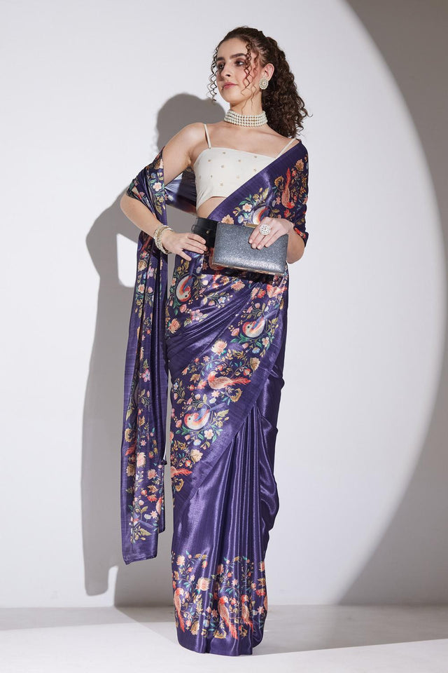 Purple Printed Silk Blend Ready to Wear Saree (ACA9582)