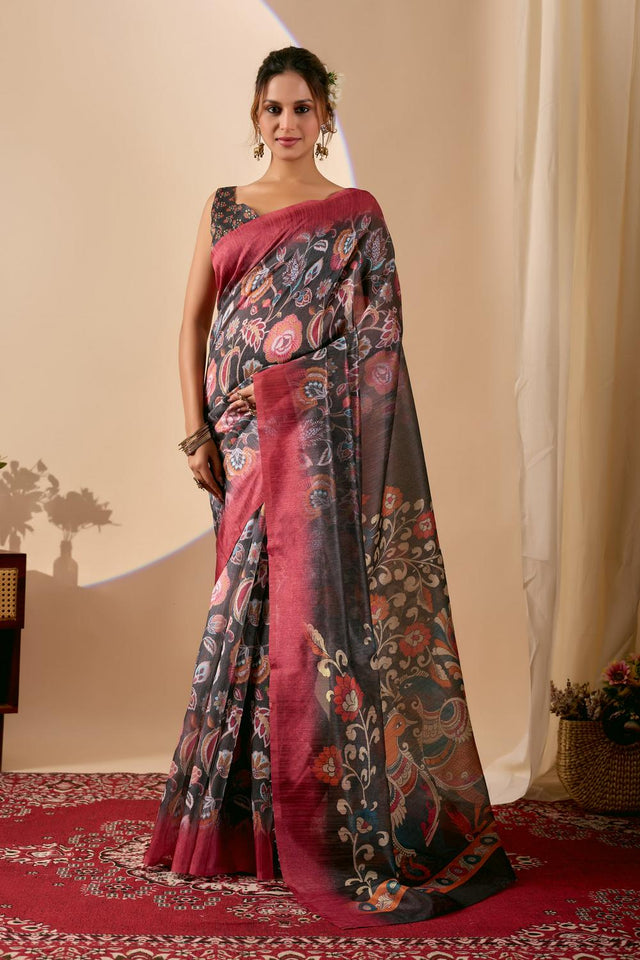 Olive Green Printed Silk Blend Ready to Wear Saree (ACA9583)