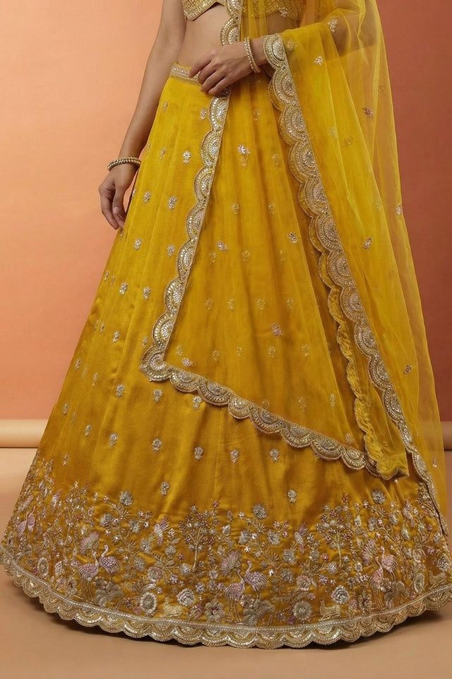 Mustard Floral Embroidered Chinon Lehenga (ACA9584)