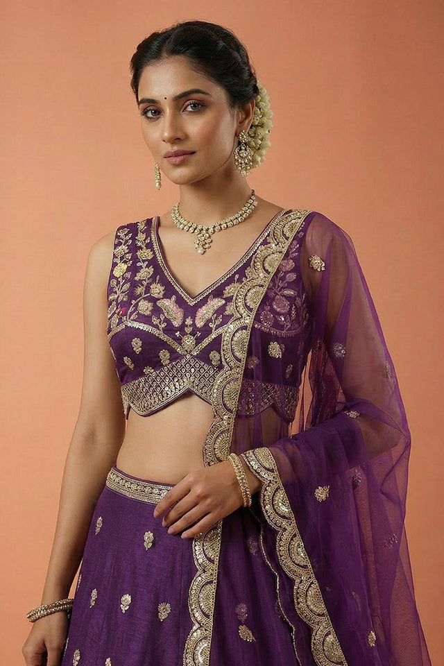 Purple Floral Embroidered Chinon Lehenga (ACA9585)