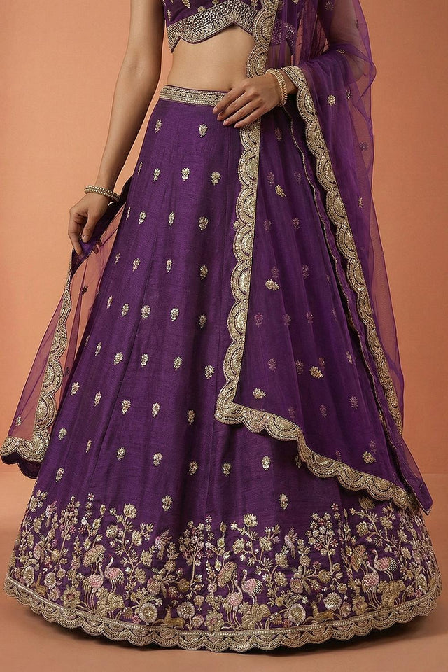 Purple Floral Embroidered Chinon Lehenga (ACA9585)