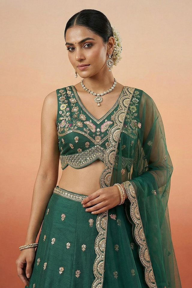 Turquoise Floral Embroidered Chinon Lehenga (ACA9586)